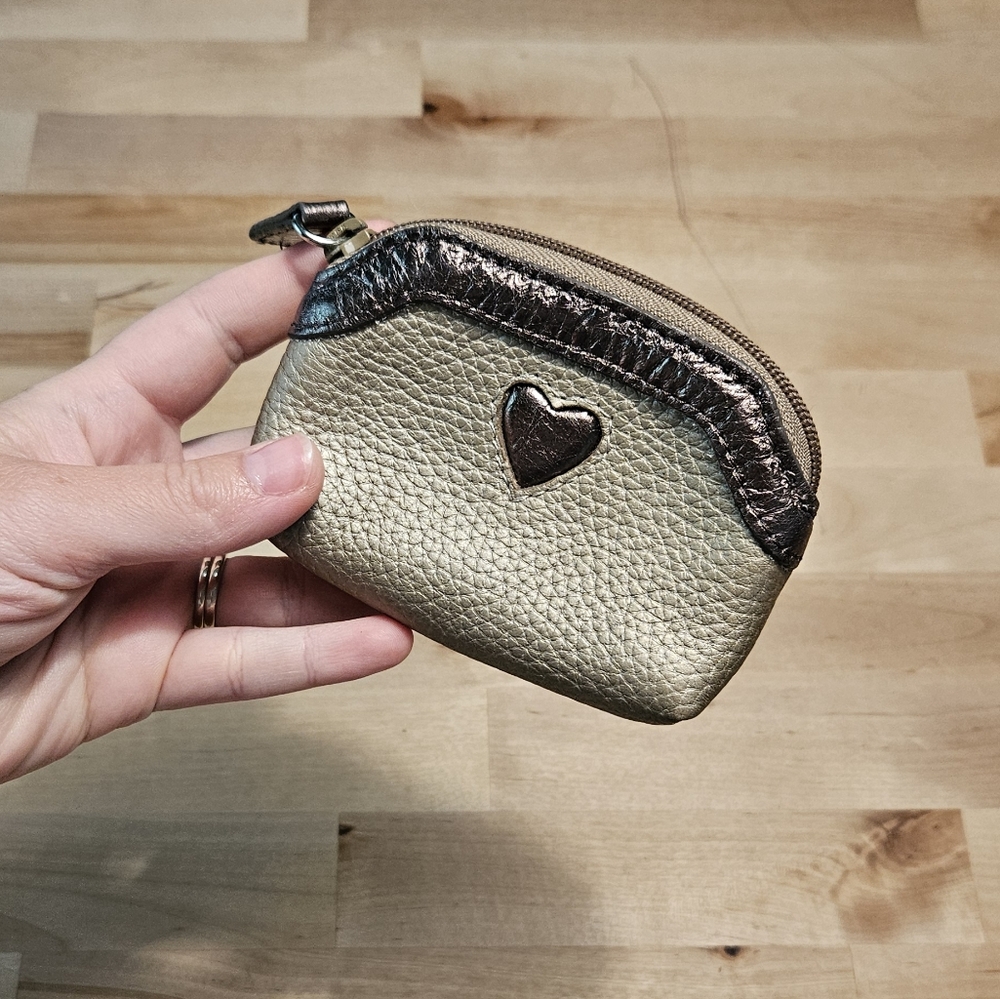 Brighton Metallic Brown Patent Leather Heart Accent Small Zip Coin Pouch Purse